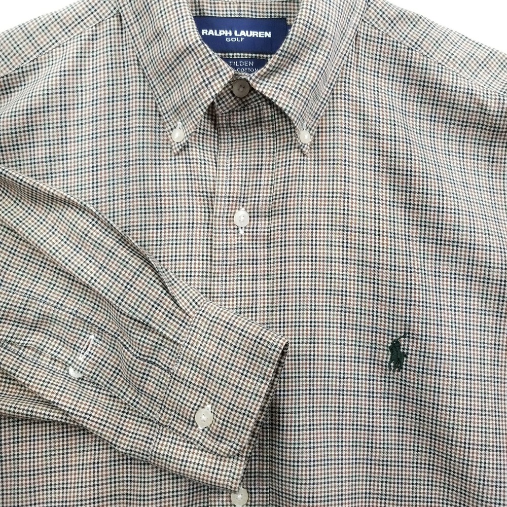 Ralph Lauren Golf Tilden Shirt Men M Brown Cotton Check Button Down Preppy‎